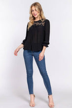 3/4 Sleeve Front Crochet Lace Panel Woven Top: Black