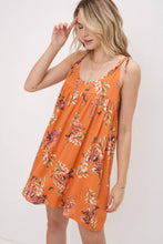 Floral Swing Mini Dress w/ Shoulder Tie Straps: Rust