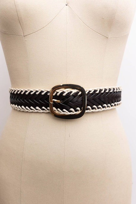 Crochet Trimmed Woven Leather Belt: Black