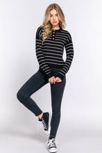 Black Ivory Long Sleeve with Buttoned Placket Stripe Sweater