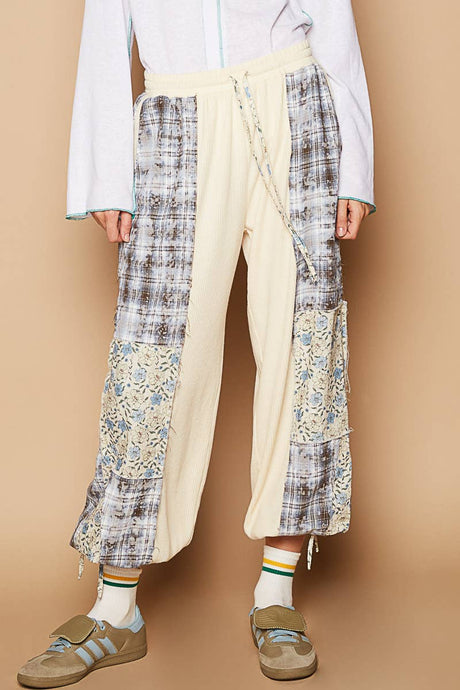 Floral plaid pattern solid POL joggers: Cream