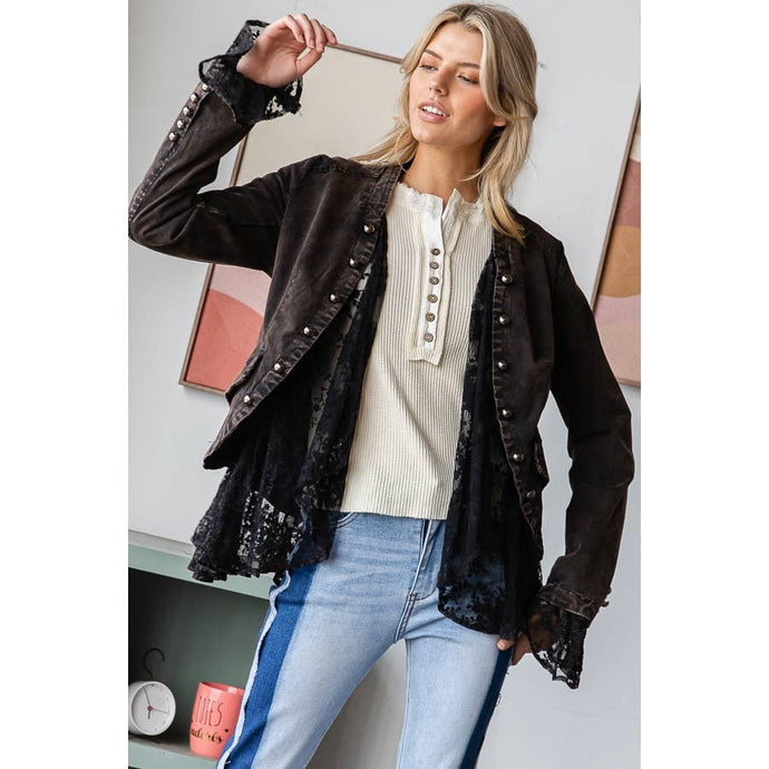 Washed Lace Contrast Hem Long Sleeve Oli&Hali Jacket: Black