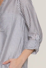 Black Long Sleeve Split Round Neck Button Down Stripe Woven Shirt