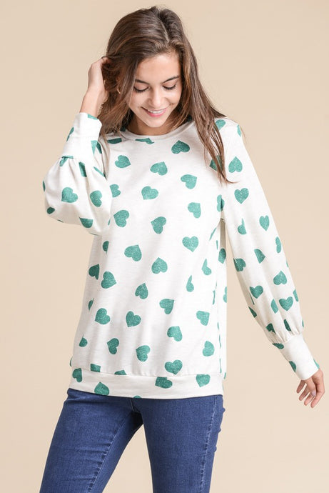 Ivory Green Heart Print Lantern Sleeve Top 12/28/24 9408