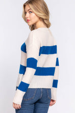 Cream Teal Blue Long Sleeve Round Neck Stripe Sweater