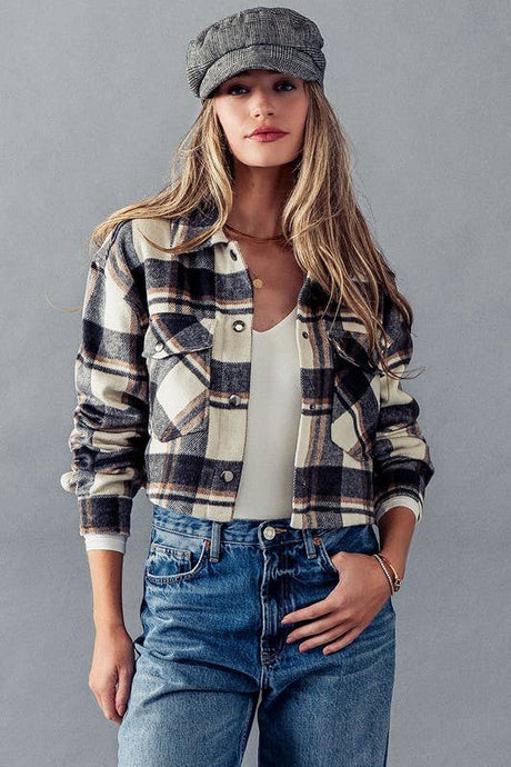 Charcoal Bella Snap Button Plaid Crop Urban Daizy Jacket