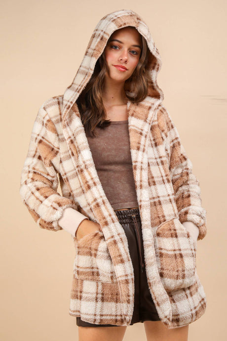 Oversized Faux Fur Tunic Hooded Printed Jacket: Cream Mix