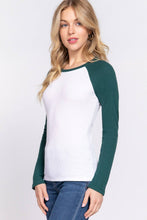 Long Raglan Sleeve Color Block Thermal Knit Top: White Gloomy Green