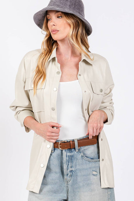 Faux Leather Button Up Sage + Fig Shacket: Latte