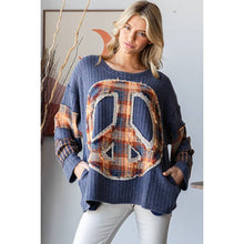 Washed Patchwork Peace Love Soft Thermal Blouse: Blue