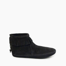 Suede Back Zip Softsole Ankle Minnetonka Boot w/ Fringe: Black