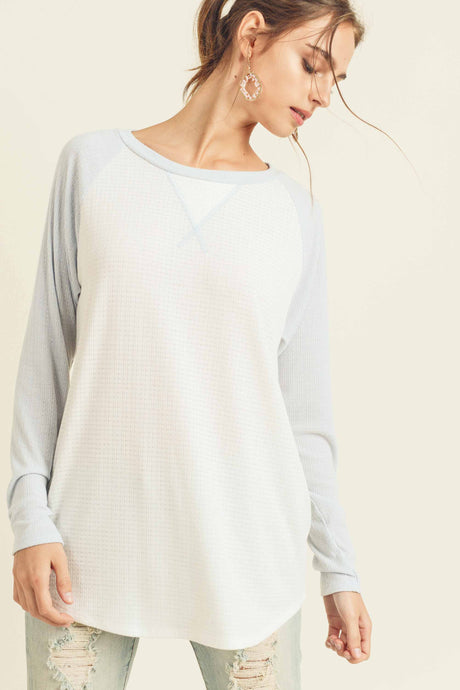 Light Blue Pointelle Knit Raglan Shoulders Top 12/2/24 9366