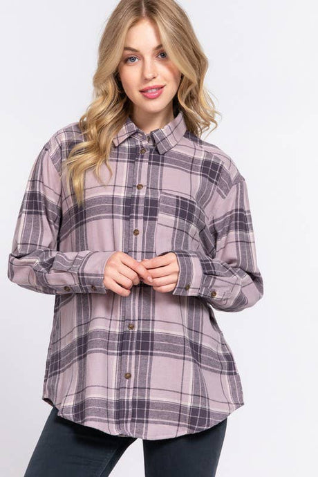 Long Sleeve Notched Collar Plaid Shirt: Mauve Purple