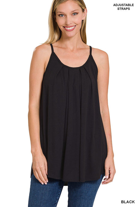 Black Pleated Cami Adjustable Straps Zenana Top 6/26/24 2487