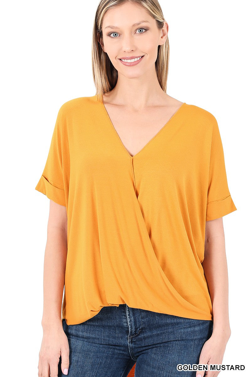 Golden Mustard Crepe Layered Draped Front Zenana Top 11/17/24 9221