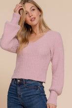 Long Puff Sleeve V-neck Rib Sweater Top: soft pink