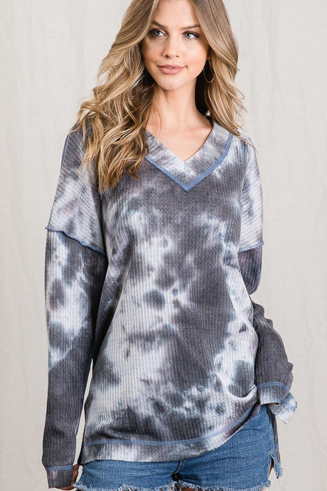 Charcoal Multi Tie Dye Dropped Shoulder Long Sleeve V Neck Top 11/4/24 9191