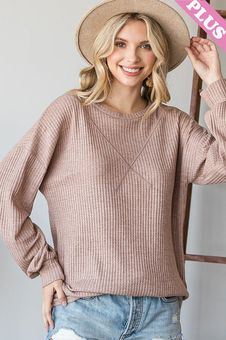 Taupe Solid Waffle Round Neck Long Sleeve Top 9/30/24 9020