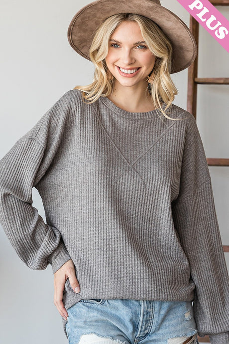 Heather Grey Solid Waffle Round Neck Long Sleeve Top 9/30/24 9017