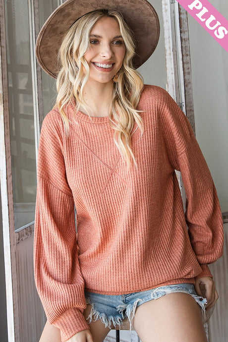 Rust Solid Waffle Round Neck Long Sleeve Top 9/30/24 9019