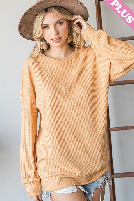 Mustard Solid Waffle Round Neck Long Sleeve Top 9/30/24 9018