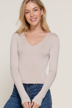 Long Sleeve V-Neck Two Ply Rayon Spandex Jersey Top: Taupe