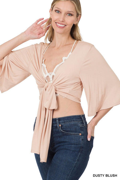 Dusty Blush Luxe Rayon Tie Front Cropped Zenana Cardigan 10/8/24 9056