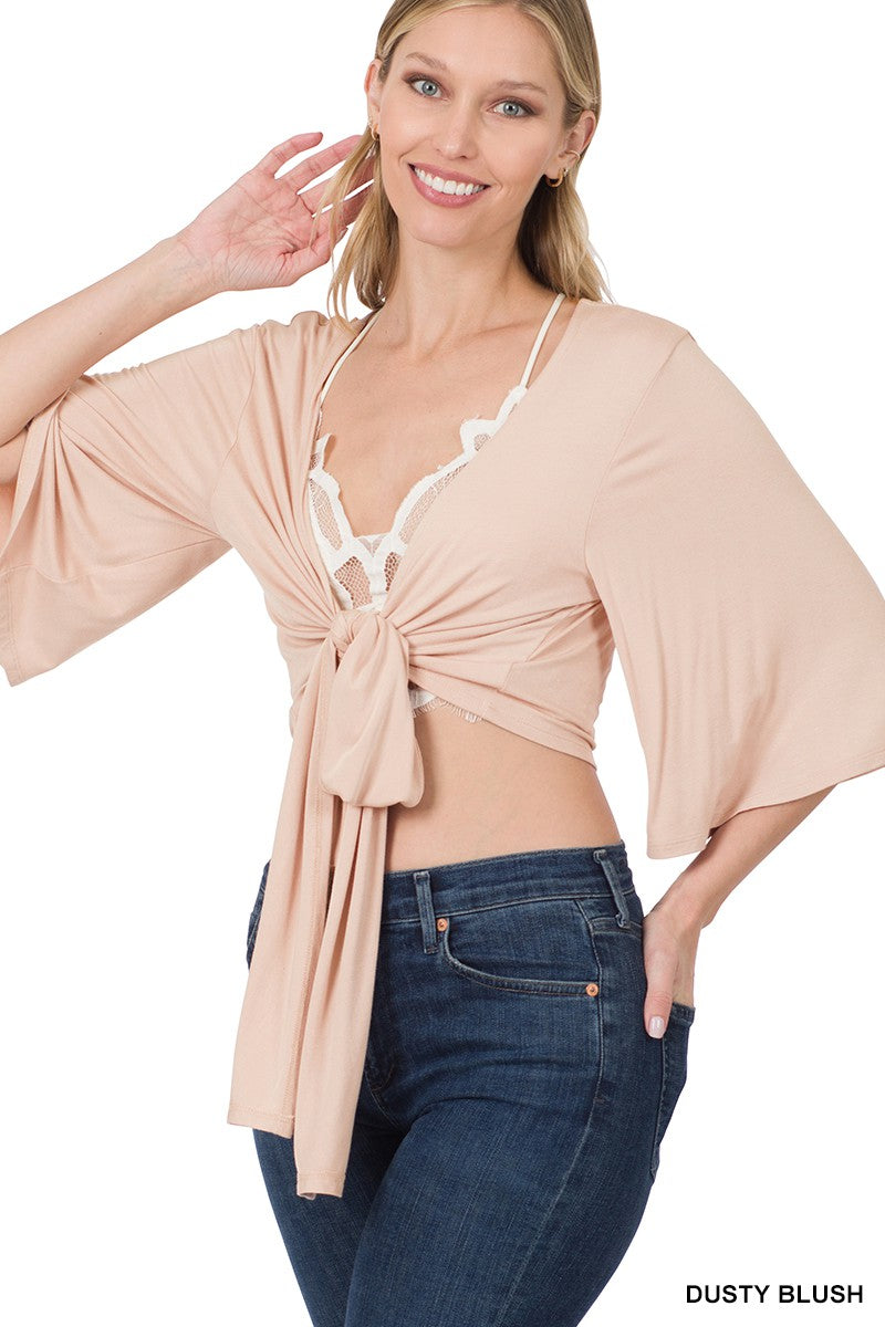 Dusty Blush Luxe Rayon Tie Front Cropped Zenana Cardigan 10/8/24 9056