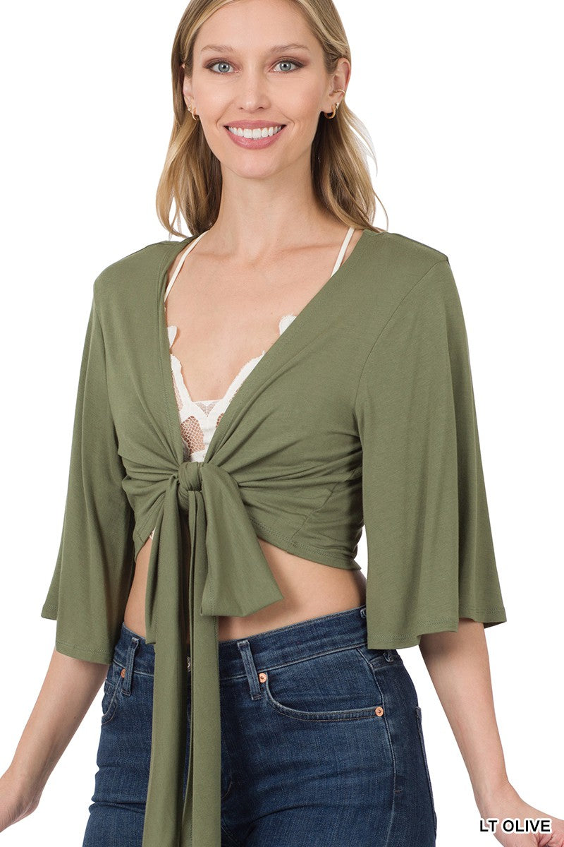 Light Olive Luxe Rayon Tie Front Cropped Zenana Cardigan 10/8/24 9057