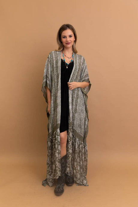 Grey Free Flow Paisley Longline Kimono