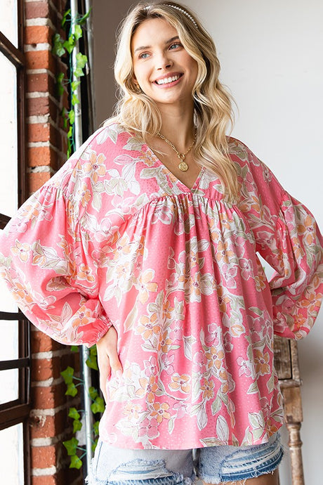 Pink Floral V Neck Shirring Top 1/15/25 9506