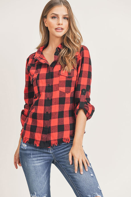 Red Plus Fray Hem Buffalo Plaid Flannel Risen Shirts 9/25/24 8961