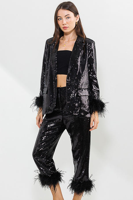 Black Sequins Fuzzy Jacket & Capris Set 10/11/24 9105