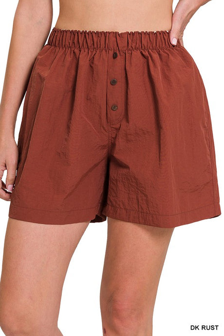 Dark Rust Windbreaker Elastic Front Button Zenana Shorts 4/24/23 6085