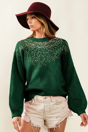 Teal Sequin Bubble Sleeve Bibi Pullover 12/2/24 9357