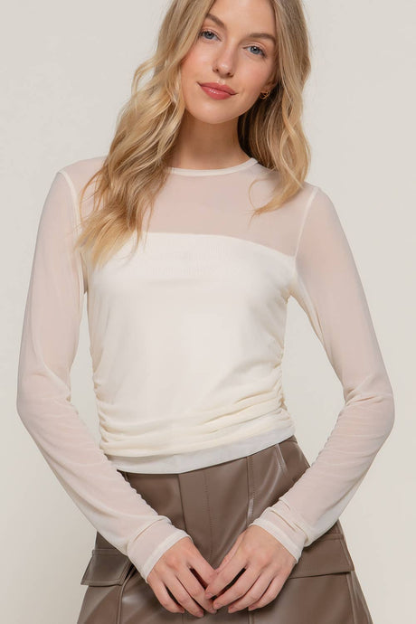 Ivory Long Sleeve Crew Neck Side Ruched Detail Mesh Top