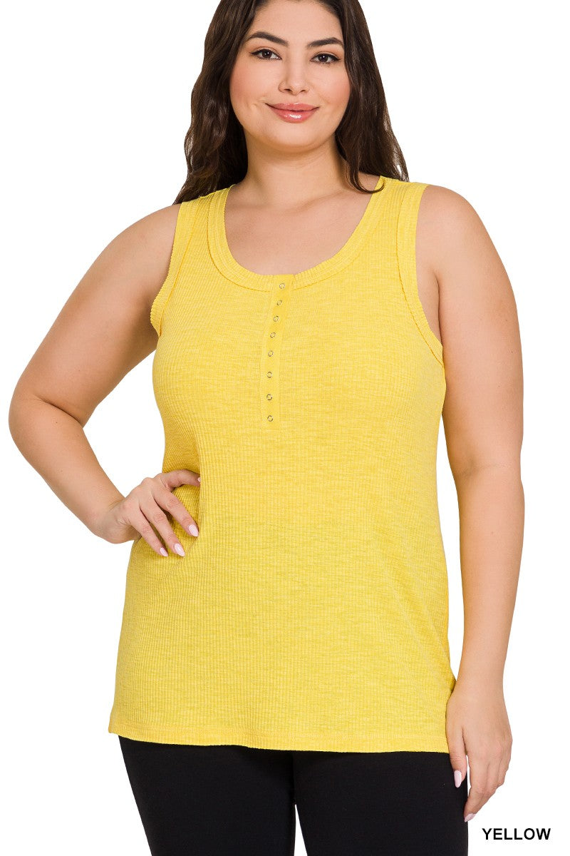 Yellow Plus Melange Ribbed Button Closure Scoop Neck Zenana Top 1/13/25 9474