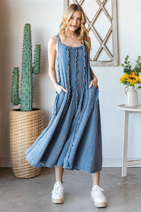 OLI & HALI WASHED RUFFLE SEAM DETAIL MAXI DRESS  BLUE