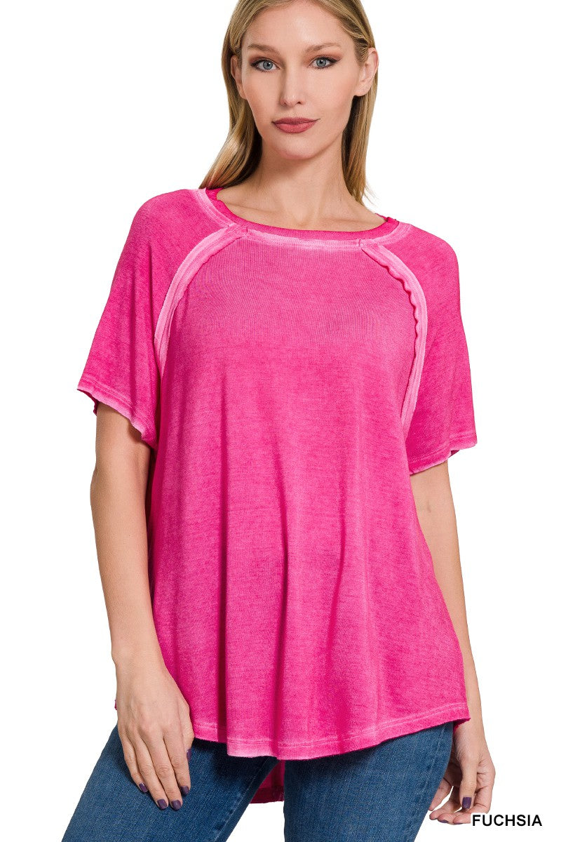 Fuchsia Washed Short Sleeve Boat Neck Hi Low Hem Zenana Top 1/13/25 9478