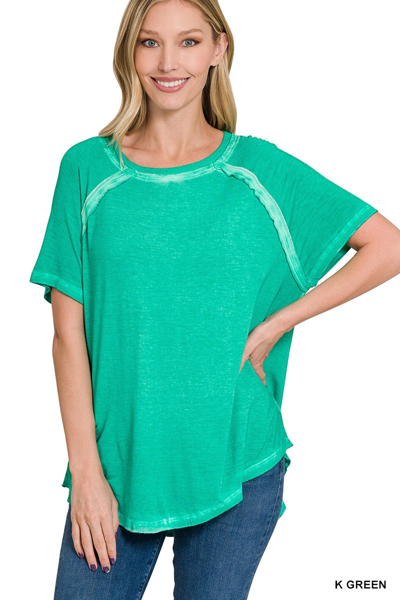 Kelly Green Washed Short Sleeve Boat Neck Hi Low Hem Zenana Top 1/13/25 9480