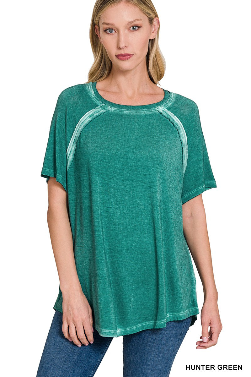 Hunter Green Washed Short Sleeve Boat Neck Hi Low Hem Zenana Top 1/13/25 9479