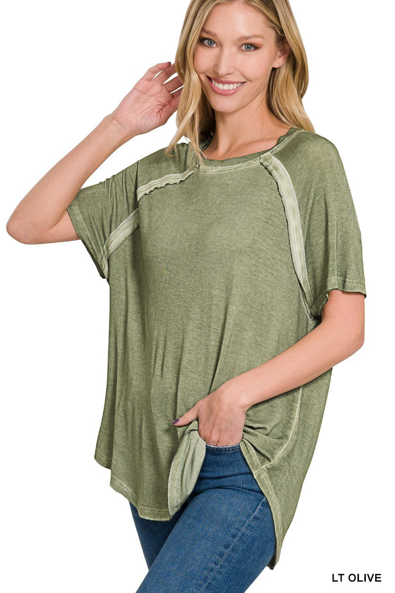 Light Olive Washed Short Sleeve Boat Neck Hi Low Hem Zenana Top 1/13/25 9481