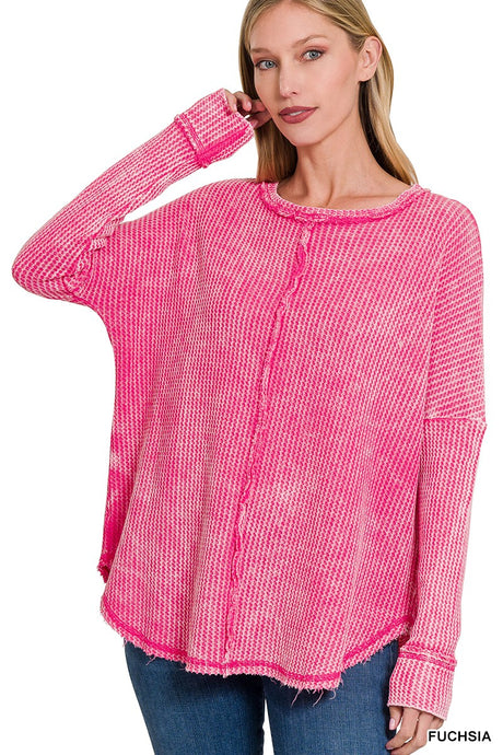 Fuchsia Washed Baby Waffle Oversized Long Sleeve Zenana Top 12/30/24 9418