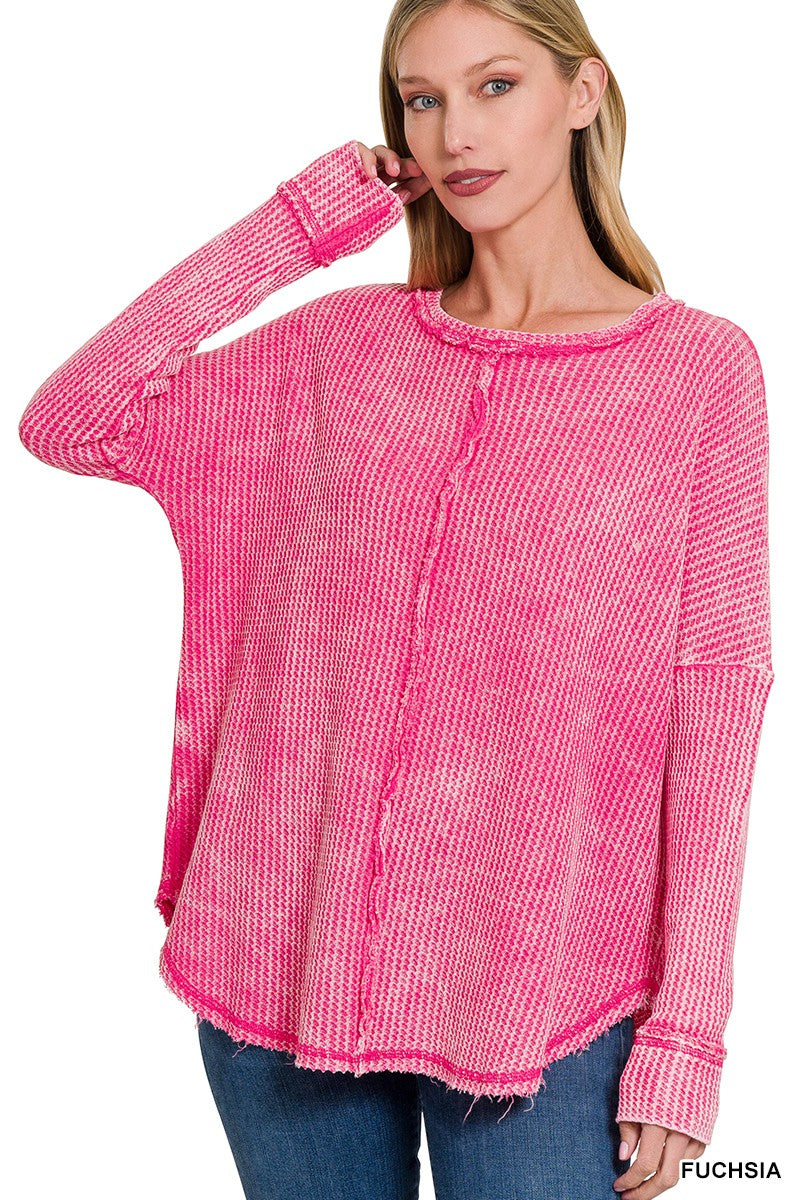 Fuchsia Washed Baby Waffle Oversized Long Sleeve Zenana Top 12/30/24 9418