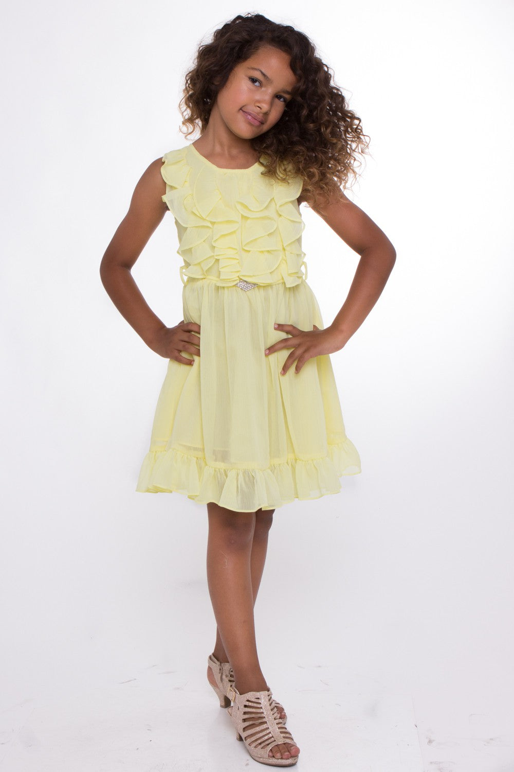 Yellow Ruffled Chiffon Kids Dress with Brooch 1/17/25 9540