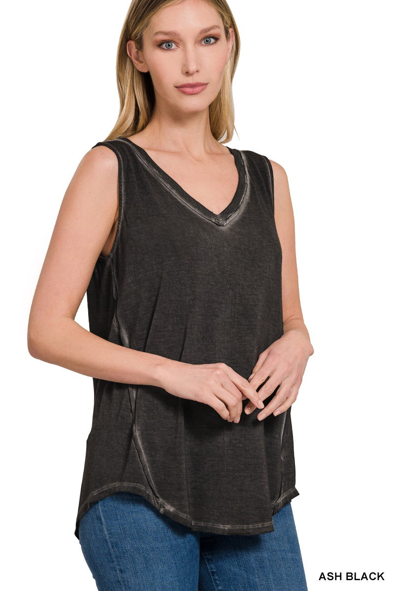 Ash Black Washed Sleeveless V Neck Hi Low Hem Zenana Top 1/13/25 9472