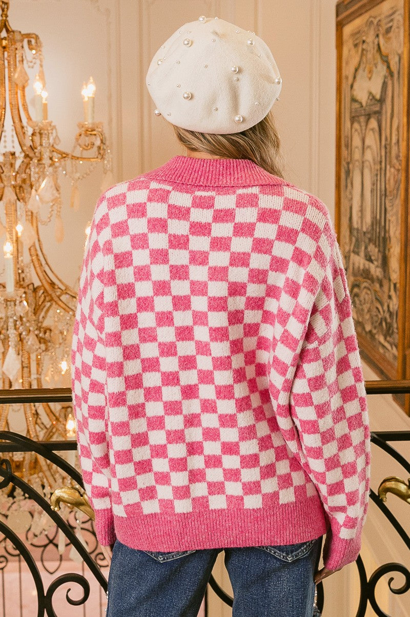 Pink Combo Checkered Quarter Neck Collared BiBi Sweater 8/11/23 6831