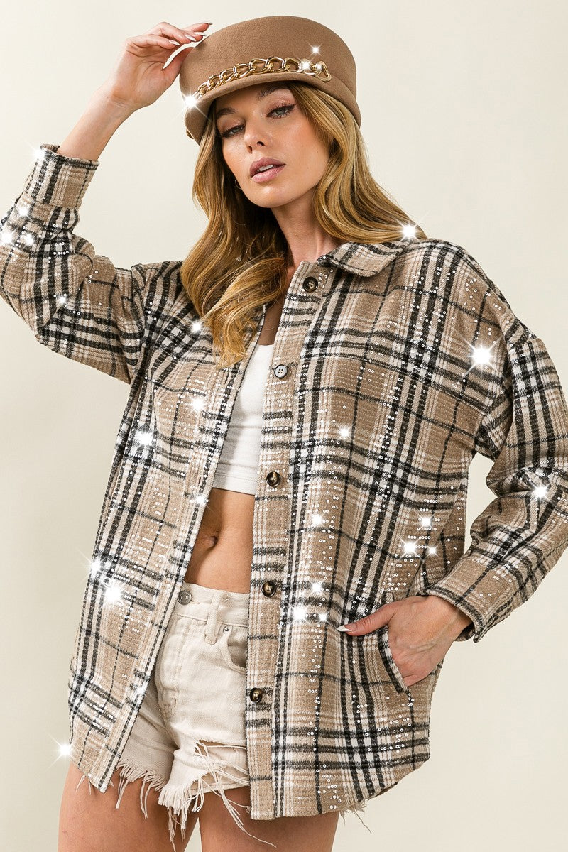 Latte Multi Allover Clear Sequin Vintage Plaid Bibi Jacket 11/20/24 9317