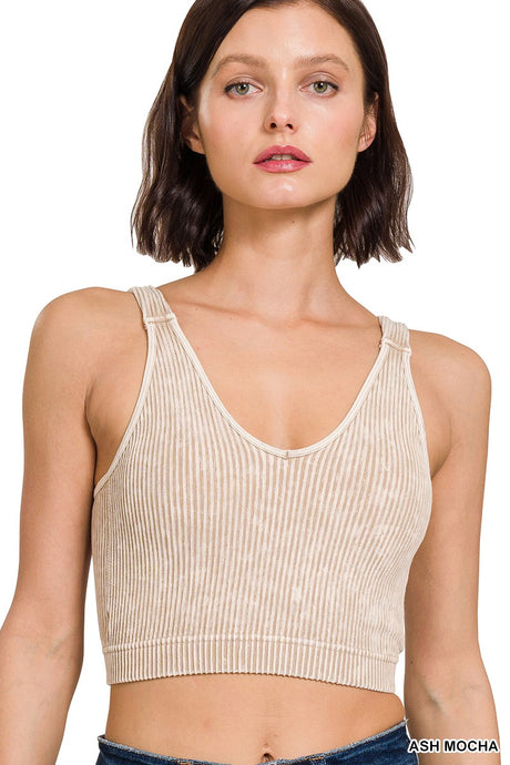 Ash Mocha Washed Ribbed Cropped Seamless Padded Zenana Tank Top 9/4/24 8866