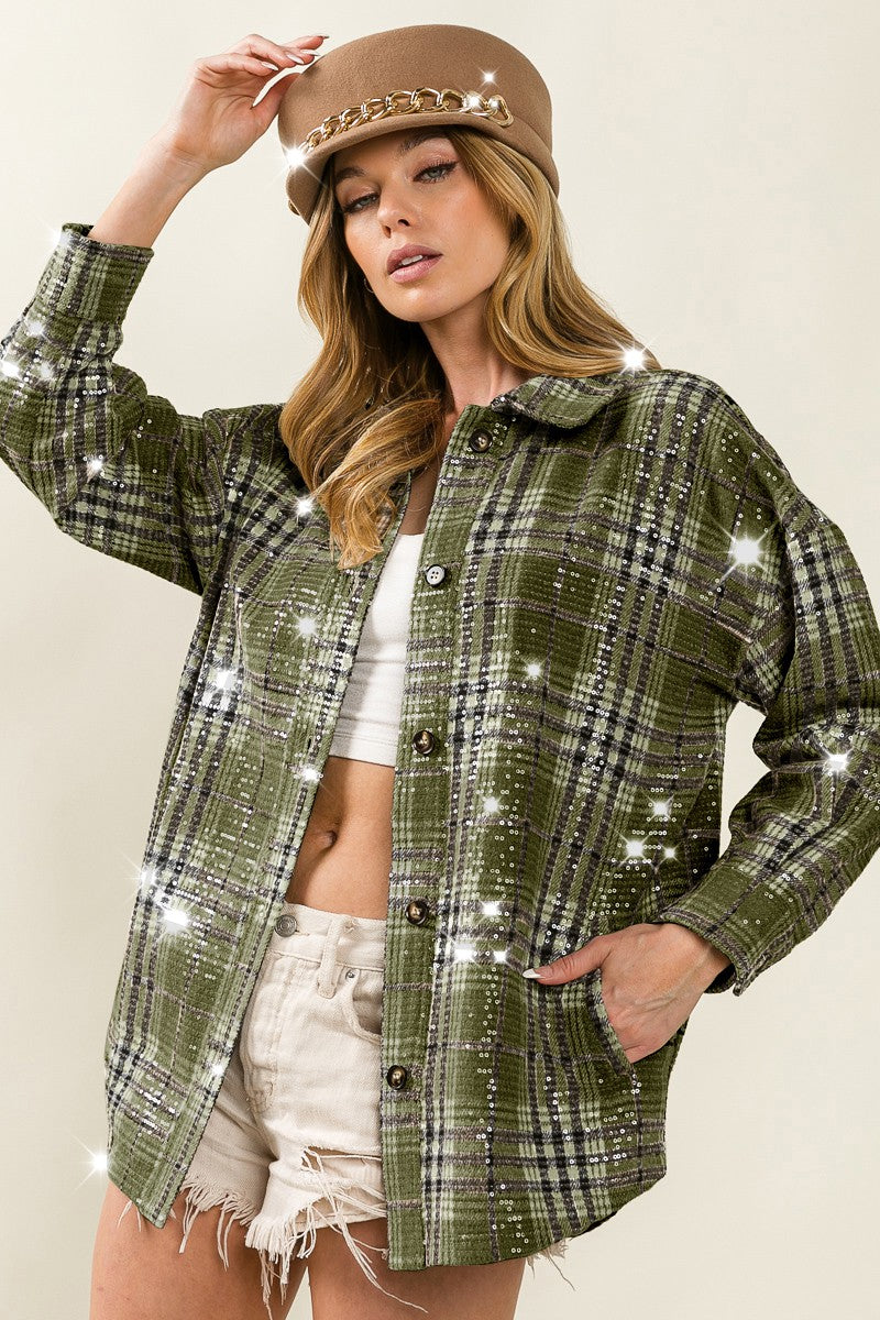 Olive Multi Allover Clear Sequin Vintage Plaid Bibi Jacket 11/20/24 9319